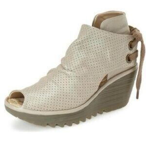 Fly London Cream/Metallic Peep-Toe Wedges